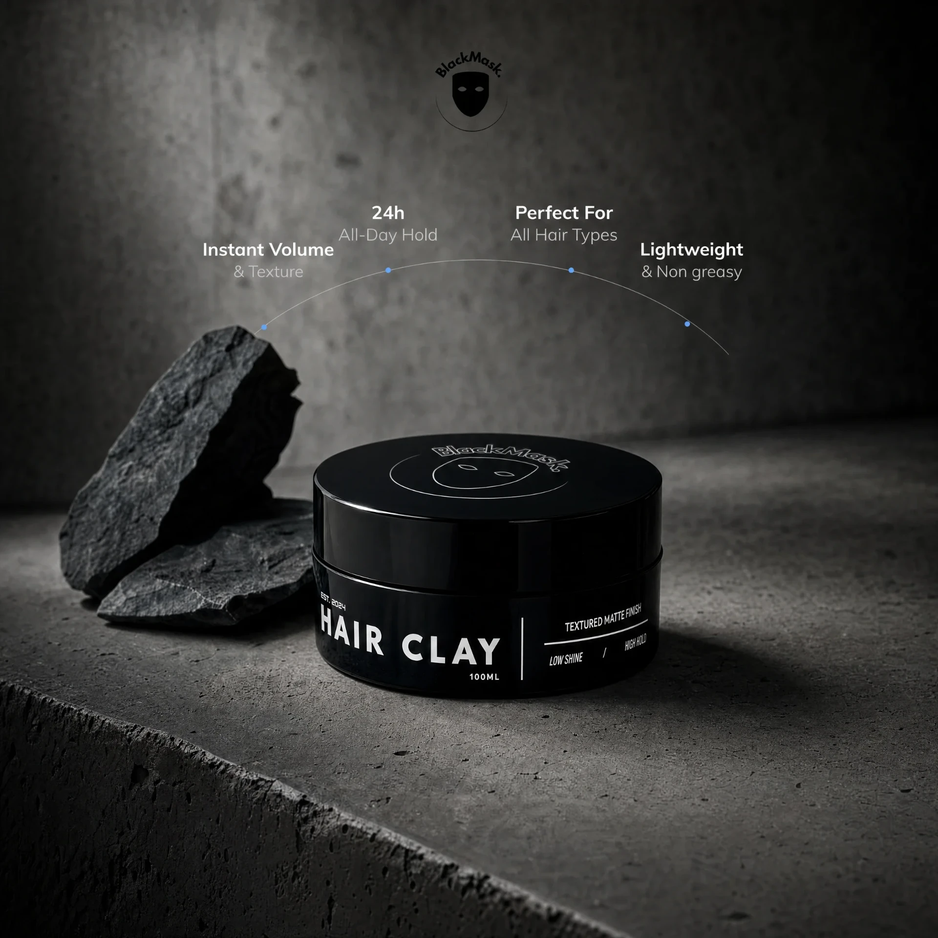 BlackMask Hair Clay 100ml matte black tub with textured matte finish, low shine, high hold