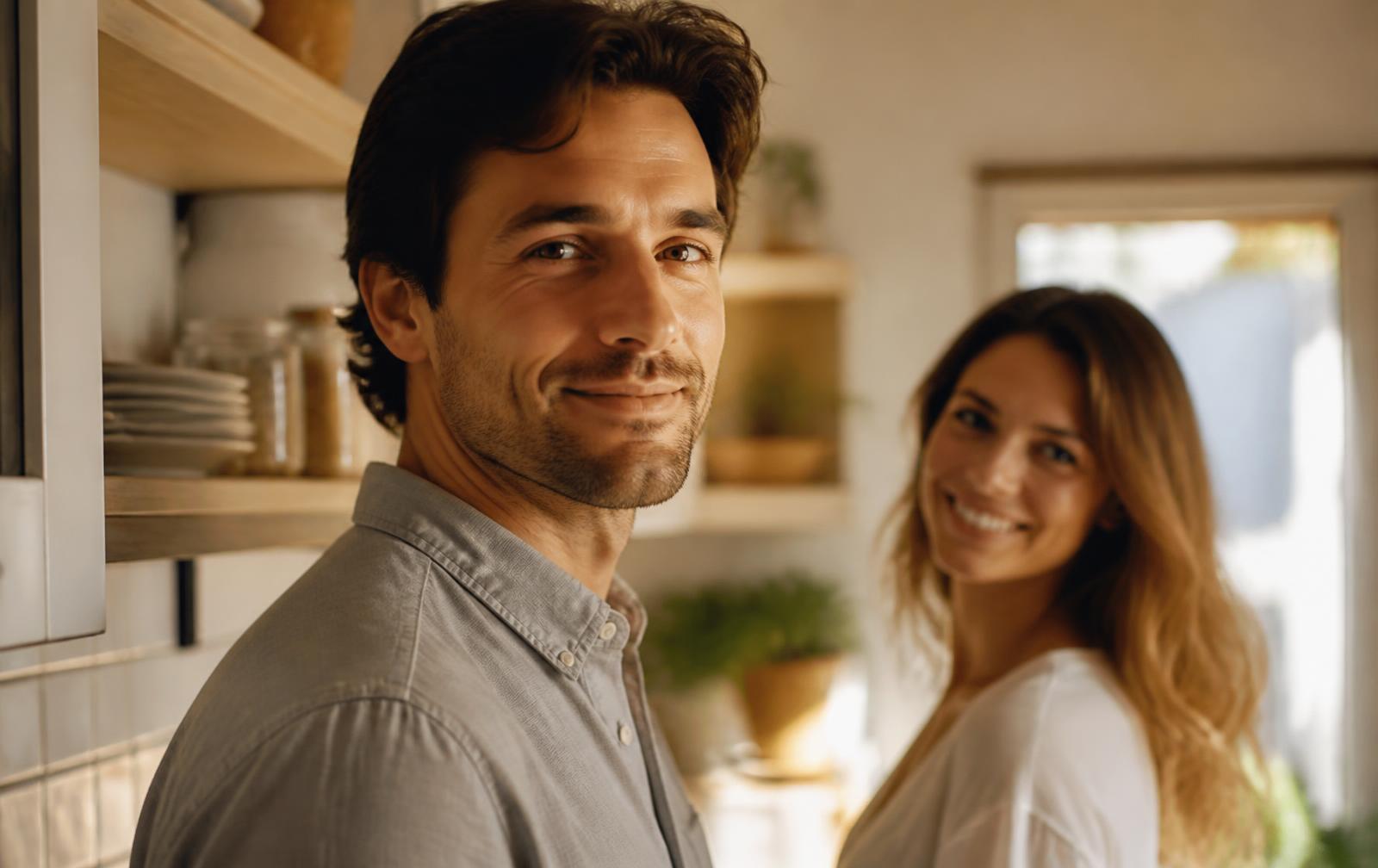A husband with neatly styled hair standing beside his wife in a warm, sunlit kitchen
